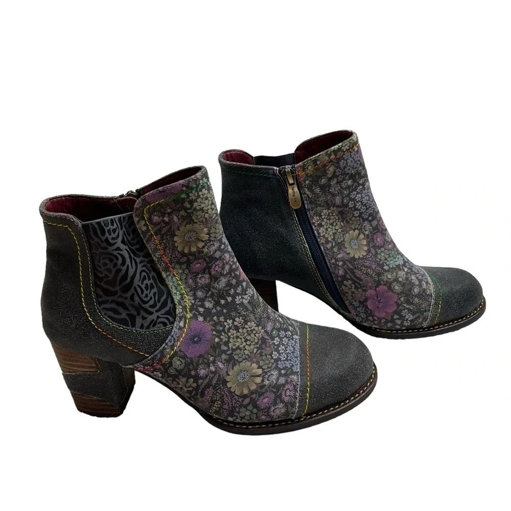 L'Artiste by Spring Step Navy/Purple Rainbow Floral Bootie Boots Size 37 - Picture 5 of 12